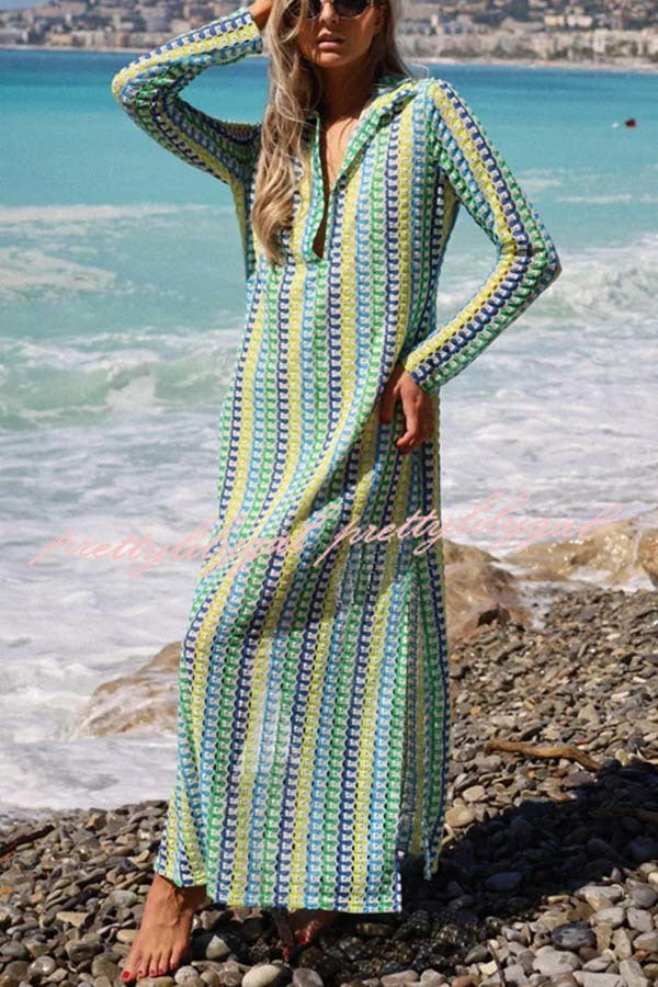 Eleanor Knit Colorful Wave Unique Print Shirt U-neck Long Sleeve Slit Maxi Dress