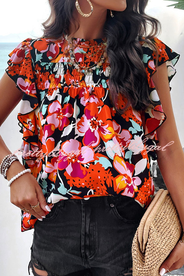 Floral Print Pleated Crew Neck Pullover Top