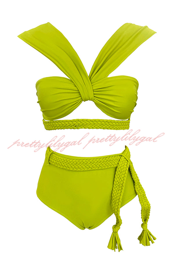 Solid Color Braided Rope High Waist Stretch Two-piece Bikini Swimsuit