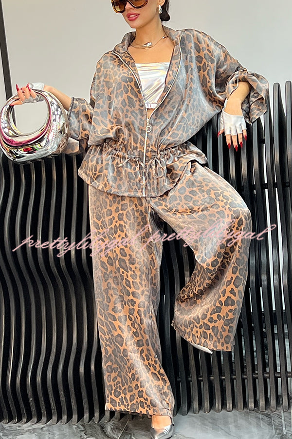 Leopard Print Drawstring Waist Zipper Jacket and Elastic Waist Pocket Loose Pants Set