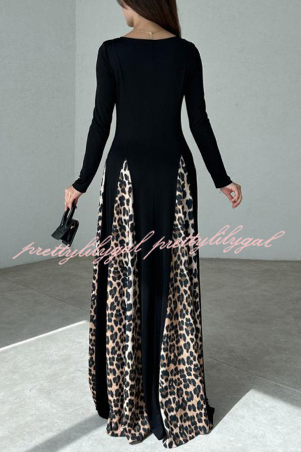 Marino Panelled Leopard Tulle Square Neck Long Sleeve A-line Maxi Dress