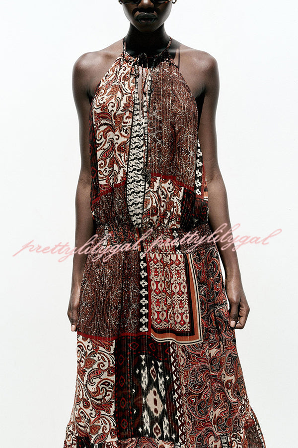 Ethnic Boho Colorblock Print Elastic Waist Resort Style Maxi Dress