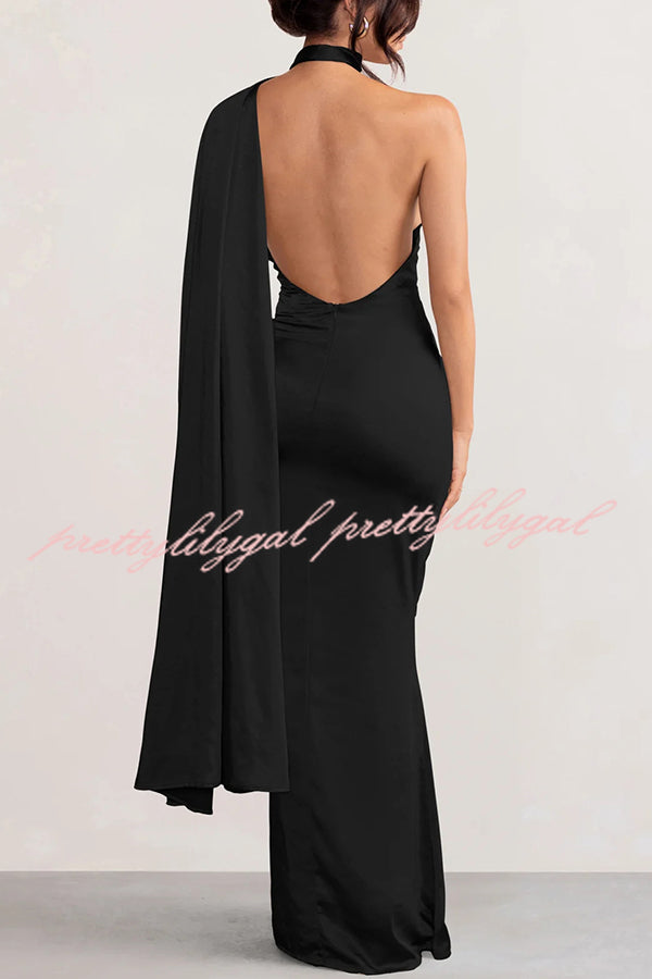 VIP Party Satin Asymmetric Scarf Neck Backless Maxi Dress