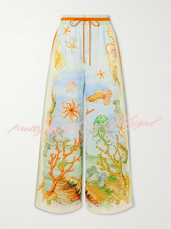 Unique Printed Lapel Short Sleeve Loose Shirt and Elastic Waist Casual Pocket Vacation Pants Set