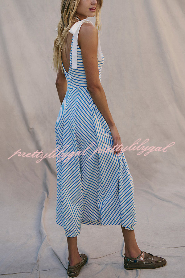 Striped Print V-Neck Lace-Up Backless Holiday Midi Dress