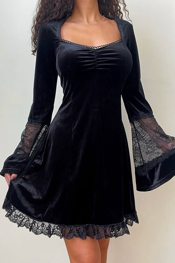 Solid Color Velvet and Lace Spliced long-sleeved Elegant Mini Dress