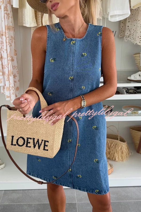 Floral Print Round Neck Sleeveless Loose Denim Mini Dress