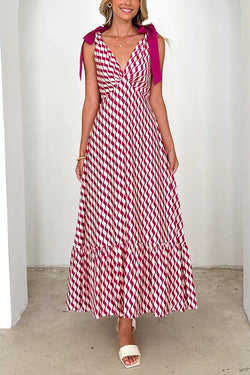 Unique Printed V-neck Sleeveless Lace-up Waist Maxi Dress