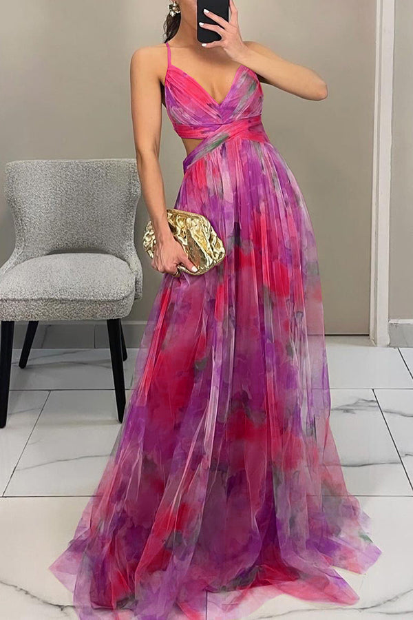 Giselle Tulle Render Floral Print Cutout Waist Back Lace-up Maxi Dress –  prettylilygal