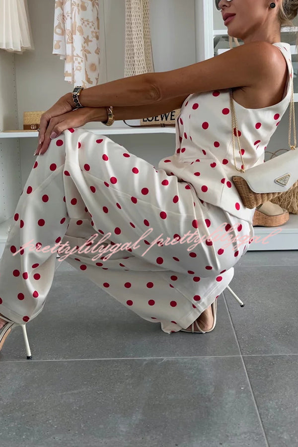 Koreen Polka Dot Round Neck Button Vest and High Rise Pocket Straight Pants Set