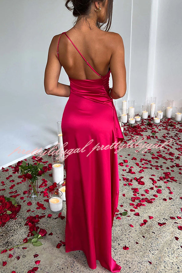 Fits Your Curves Satin One Shoulder Drape Slit Maxi Dress