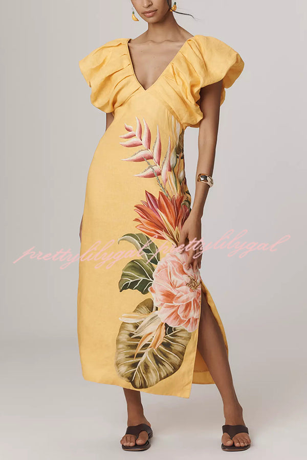 Plant Print V-neck Open Back Holiday Style Slit Midi Dress