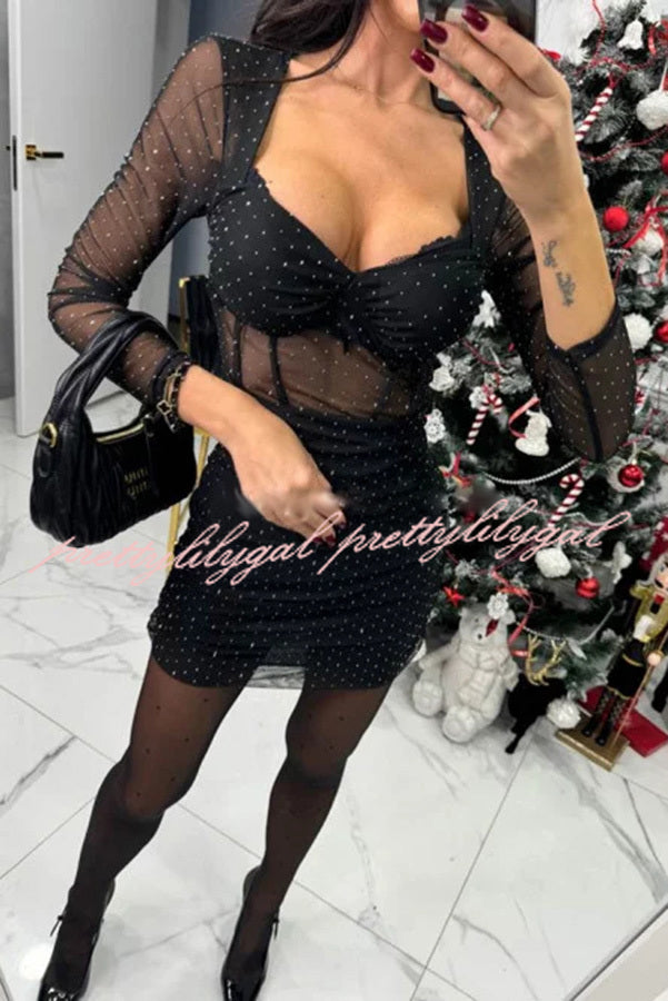 Gaze Mesh Glitter Fabric Sweetheart Neck Long Sleeve Stretch Mini Dress