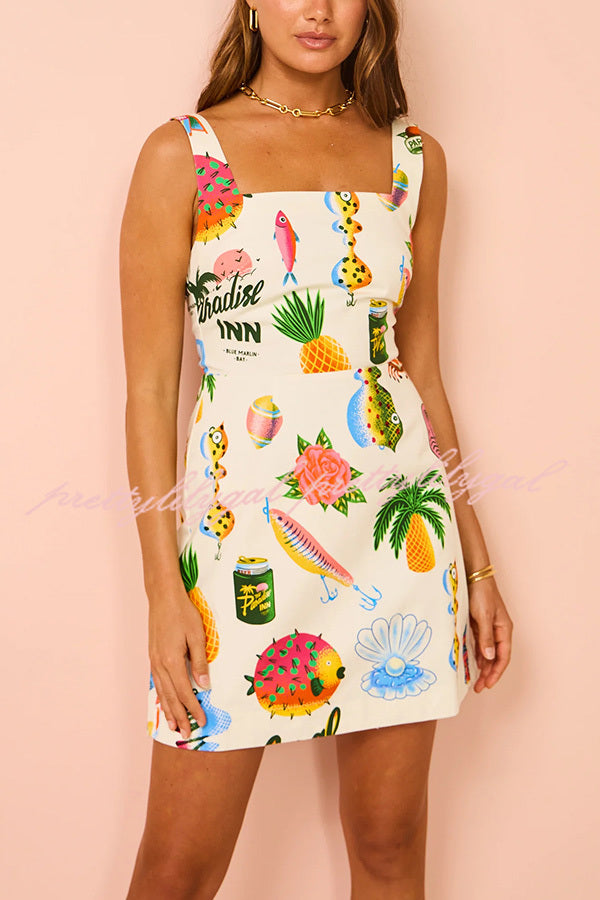 Summer Colorful Fruit Unique Print Tie-back Mini Dress