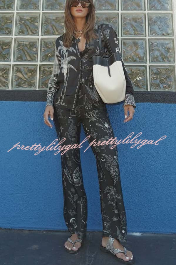 Black Magic Satin Unique Print Long Sleeve Blouse and Elastic Waist Pocket Wide Leg Pants Set