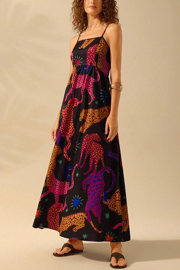 Unique Printed Sling Back Pleated Loose Holiday Maxi Dress