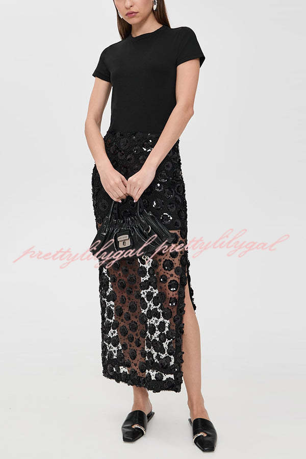 Gorgeous Flower Embellished Sequin Sheer High Rise Slit Midi Skirt