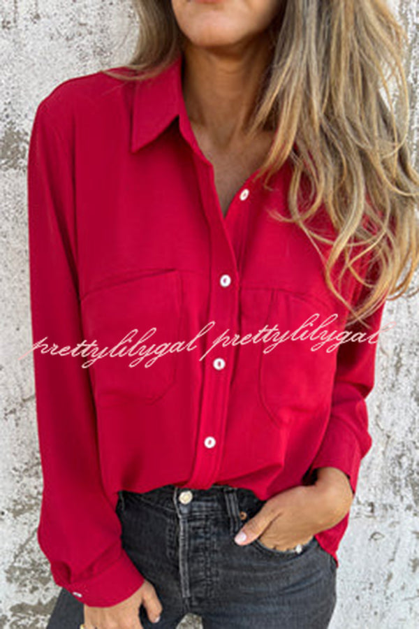 Solid Color Lapel Button Pocket Casual Long Sleeve Shirt