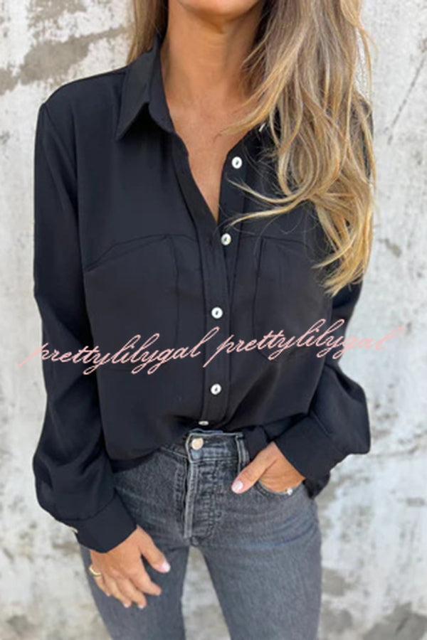 Solid Color Lapel Button Pocket Casual Long Sleeve Shirt