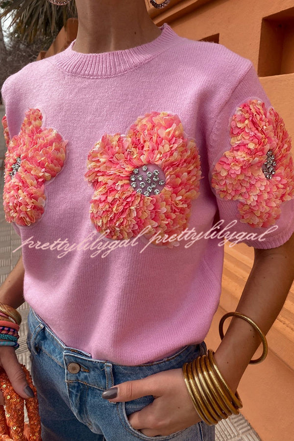 Contrast Color Floral Crew Neck Short Sleeved Sweaters