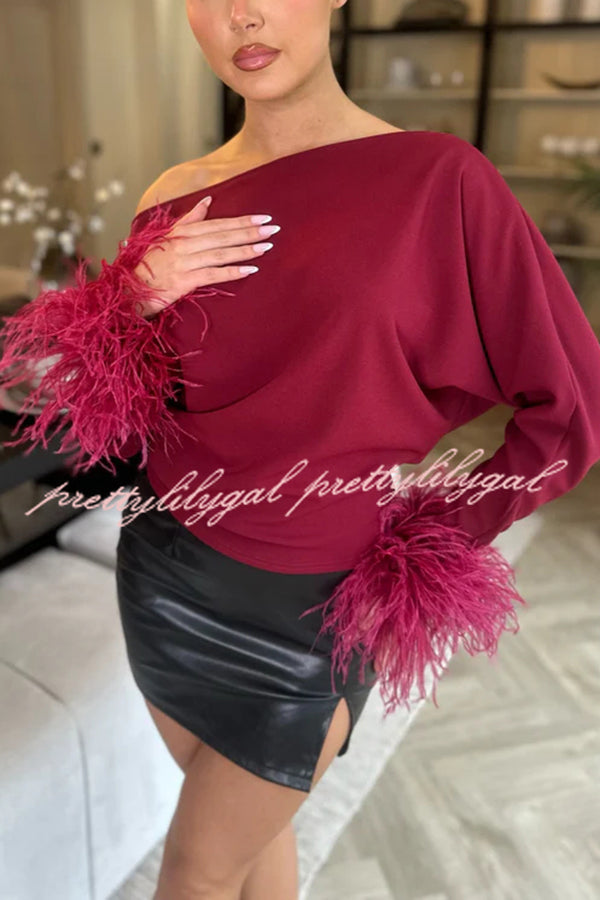 Party Holy Items Off Shoulder Feather Trim Sleeve Loose Blouse