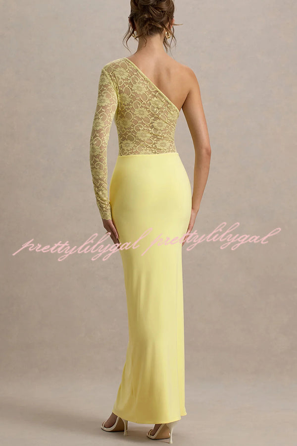 Modern Elegance Floral Lace Patchwork One Shoulder Slit Stretch Maxi Dress