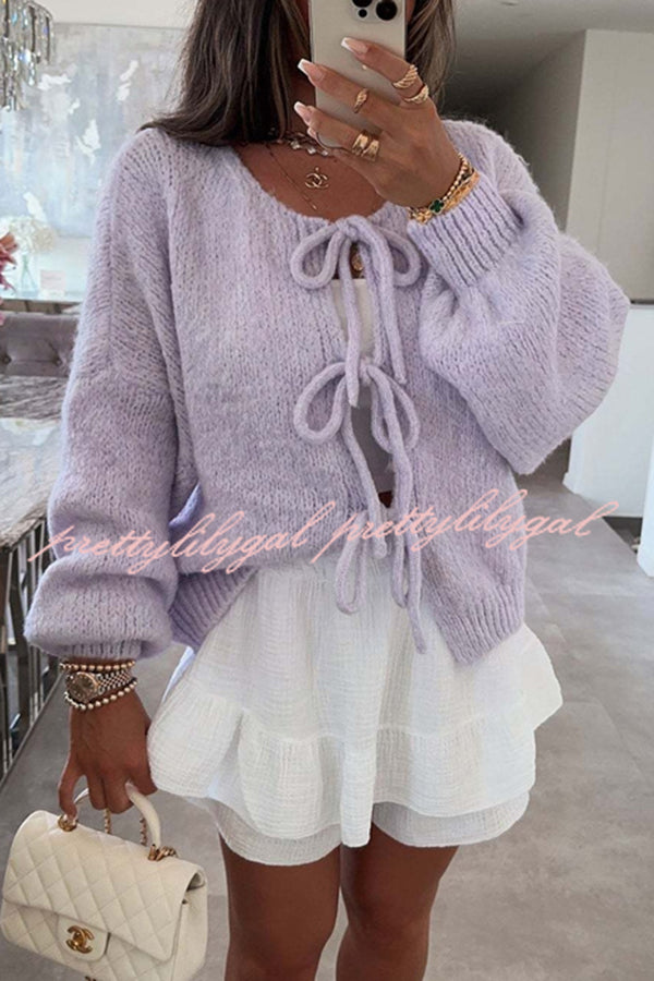 Solid Color Long-sleeved V-neck Lace-up Loose Knitted Sweater