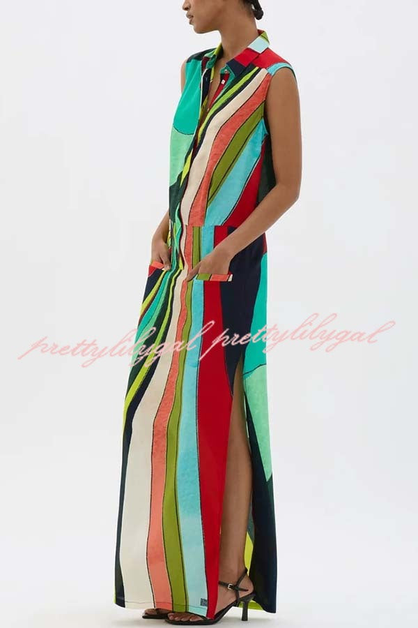Bold and Elegant Colorful Print Button Up Pocket Shirt Slit H-line Maxi Dress