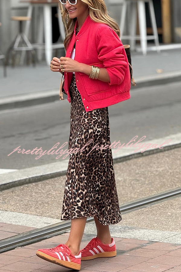 Coffee Time Leopard Print Elastic Waist Loose Midi Skirt