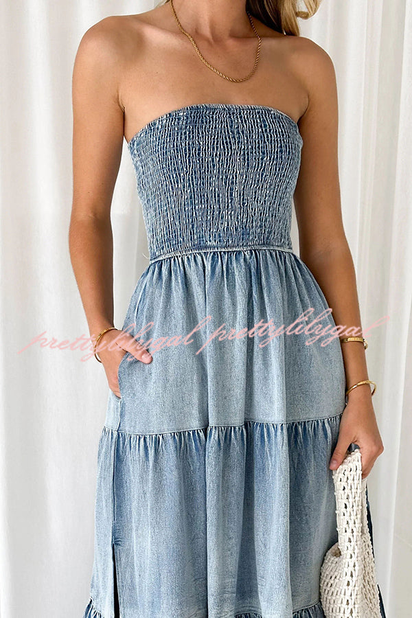 Asmn Off Shoulder Pleated Pocket Paneled Denim Maxi Dress