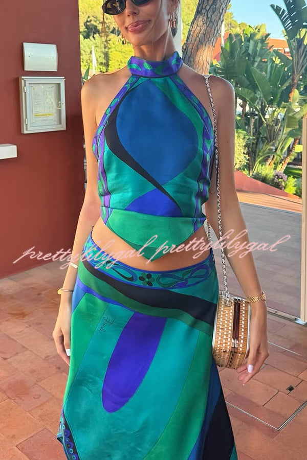 Gabbie Satin Unique Print Halter Scarf Tank and Asymmetrical Maxi Skirt Set