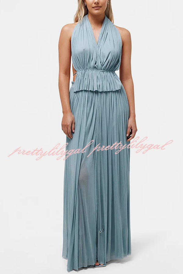 Pure Lightness Chiffon Pleated Halter Backless Top and Elastic Waist A-line Maxi Skirt Set