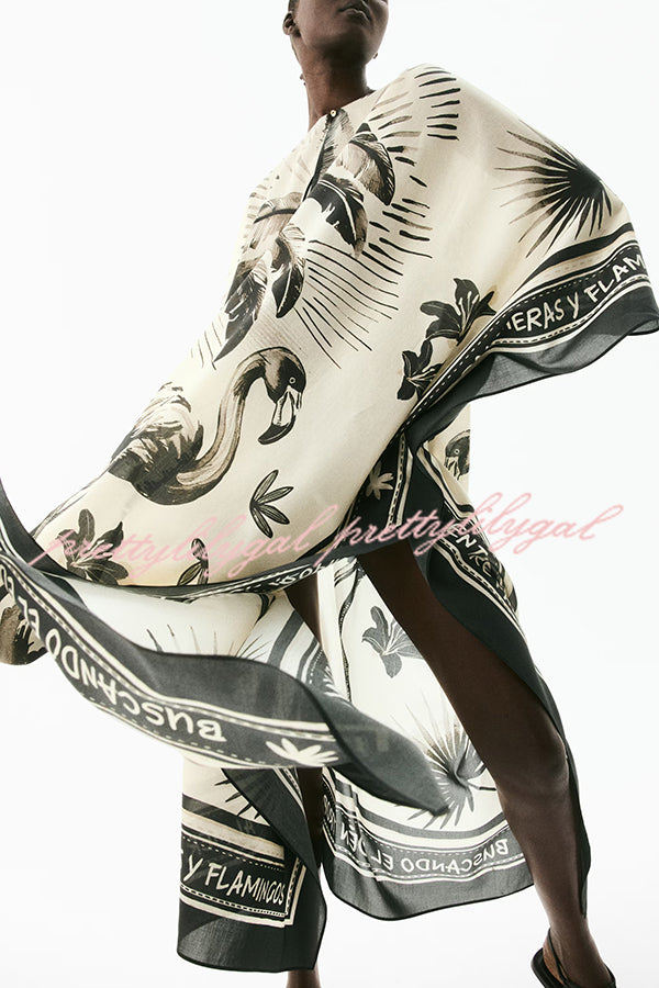 Flora Flamingo Print V-neck Loose Holiday Maxi Dress