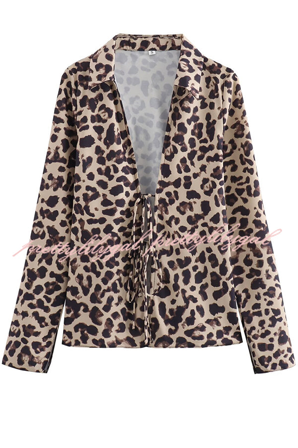 Edith Leopard Print Front Lace-up Long Sleeve Loose Blouse