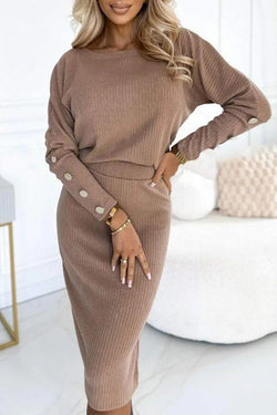 Solid Color Crew Neck Long Sleeve Buttoned Top and Stretch Slim Skirt Set