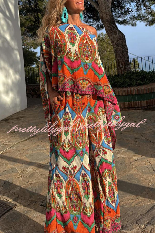 Colorful Day Unique Print Loose Cape and Elastic Waist Pocketed Pants Set