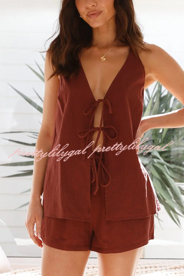 Linen Blend Solid Sleeveless Halter Top and Elastic Waist Tie Shorts Set