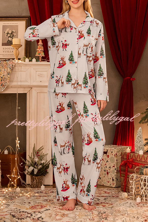 Christmas Holiday Print Long Sleeve Pocket Top and Elastic Waist Loose Pants Set