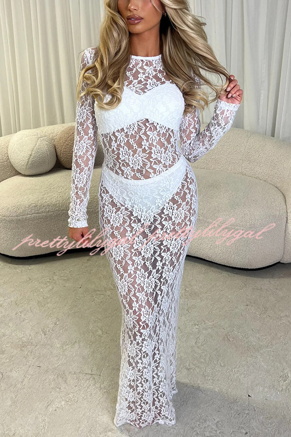 Solid Color Round Neck Long Sleeve Sexy Lace Slim Fit Cover-up Maxi Dress