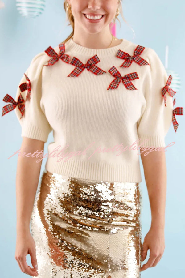 Fashion Bow Decorated Round Neck Short Sleeve Knitted Sweater