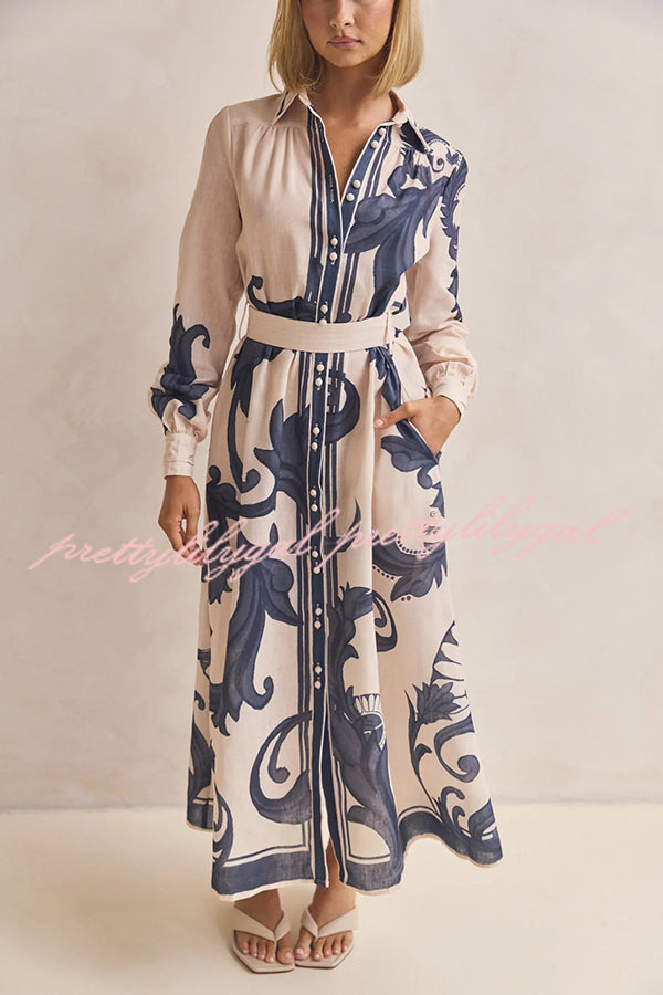 Plant Print Lapel Puff Sleeves Vintage Belt Loose Pocket Maxi Dress