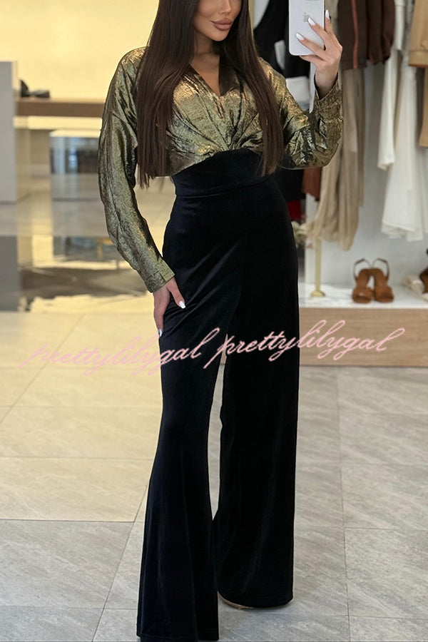Caitlin Metallic Velvet Patchwork Long Batwing Sleeve Pocket Wide Leg Jumpsuit