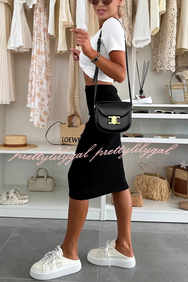 Perfect Basics Ribbed Knit Elastic Waistband Stretch Midi Skirt