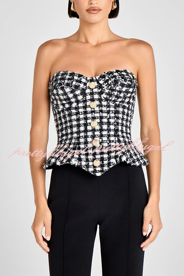 Maya Check Bouclé-tweed Fabric Sweetheart Neck Gold Button Strapless Tank