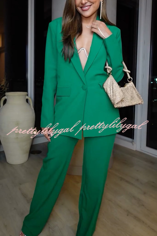 Mojito Muse Single Button Lapel Blazer and Elastic Waist Pocketed Wide Leg Pants Set