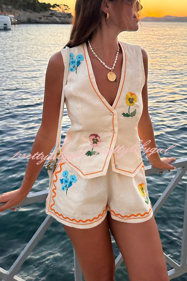 Summer Flower Printed Linen Blend Button Vest and Elastic Waist Pocketed Shorts Set