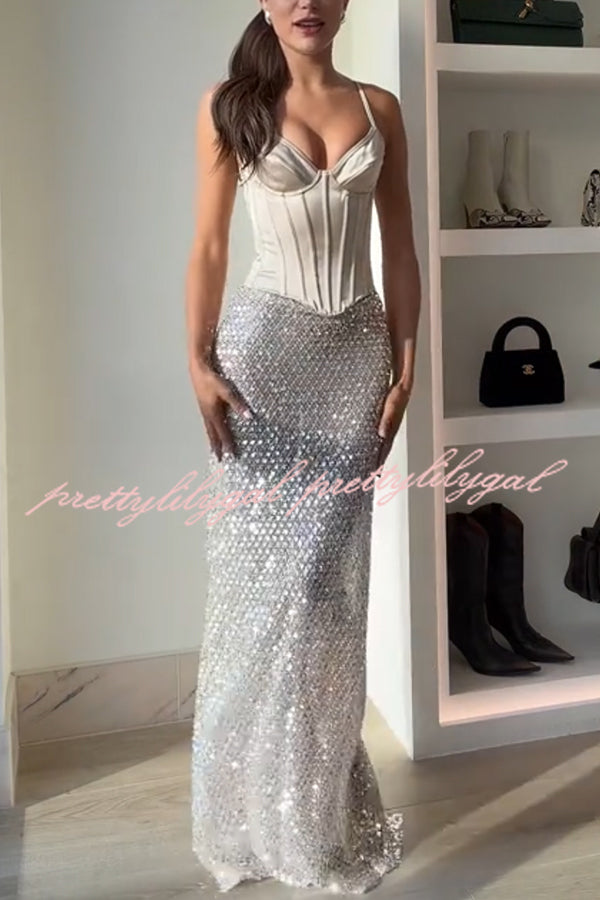 The Great Gatsby Embellished Sequin Mid Rise Flare Maxi Skirt