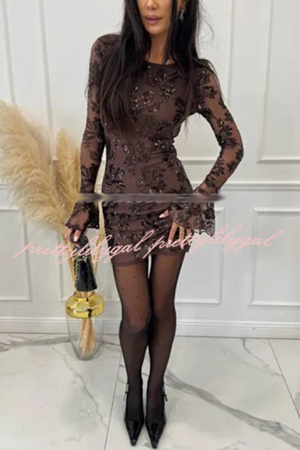 Deep and Dazzling Floral Texture Sequin Long Bell Sleeve Open Back Mini Dress