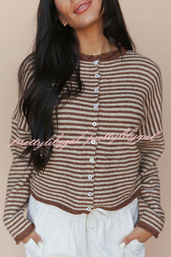 Fashionable Contrast Striped Casual Long-sleeved Knitted Cardigan