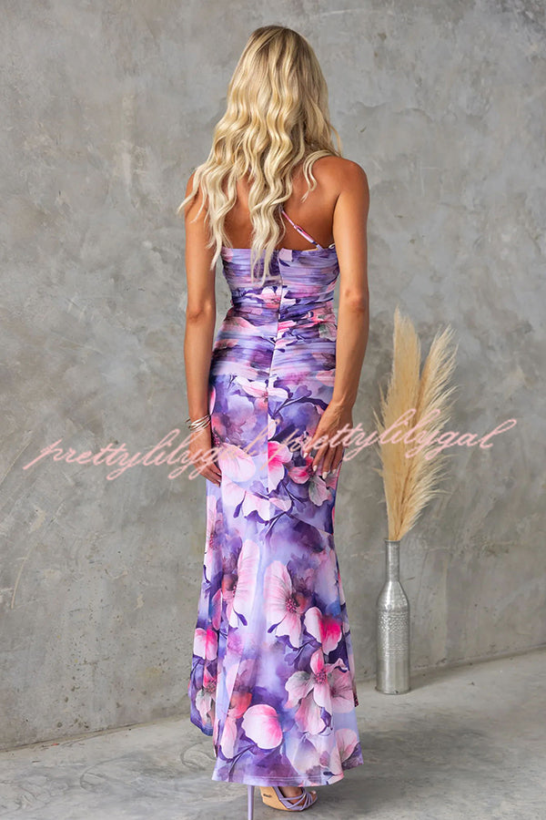 Deja Mesh Overlay Floral Print One Shoulder Ruched Stretch Maxi Dress